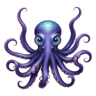 Cinematic Noble Octopus Portrait Emoji, Poised and enigmatic, with a fluid, amorphous body of iridescent, softly tinted skin and eight gracefully undulating arms adorned with delicate suckers, deep, observant eyes reflecting the mysteries of the deep, Simplified yet sharp and sophisticated features, highly detailed, glowing with a soft, oceanic luminescence, high shine, intelligent and mysterious, stylized with an air of deep-sea elegance, focused and fluid, soft glowing outline, capturing the essence of a watchful marine guardian that appears ready to drift out of the screen with effortless authority! sticker