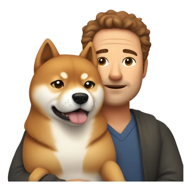 Shiba-inu cuddles middle age man with curly brown hair without bear  sticker