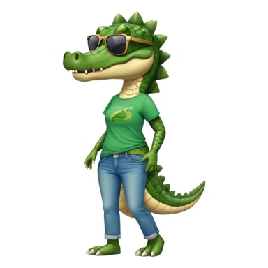 anthropomorphised female crocodile in a band t-shirt and jeans with sunglasses walking upright, relaxed pose sticker