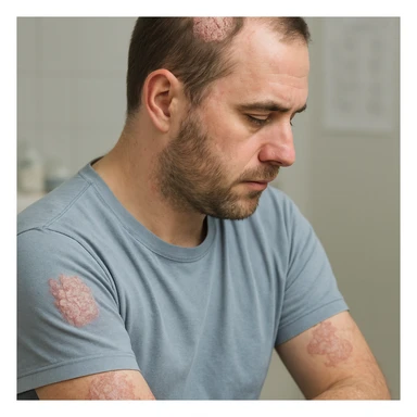 realistic image of a man with psoriasis, showing visible skin patches on arms or scalp, medical and respectful context, no explicit details sticker