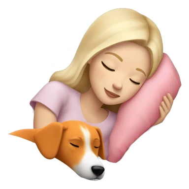 White blonde girl who sleeping peacefully with his orange dog in a bed with a white pillow and a pink blanket sticker