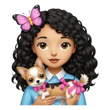 a girl light to medium tan skin with olive skin tone Long black curly hair cut butterfly carrying a white chihuahua dog with a cute ribbon sticker