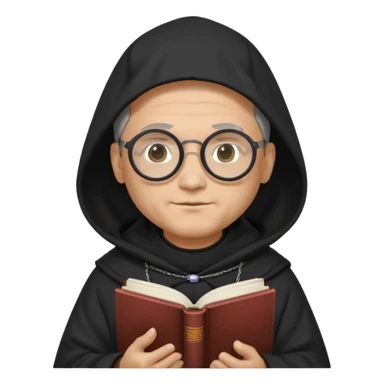 Monk priest prayer black habit with hood round black glasses done light brown wavy hair under hood remove the medallion smaller more round glassed age 46 no necklace more oval face hand holding book that says RB 480 top left is great add a little hair brown gray under hood  sticker