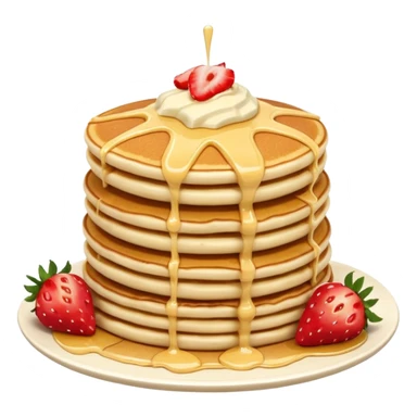 a stack of pancakes with melted white chocolate drizzle and strawberries sticker