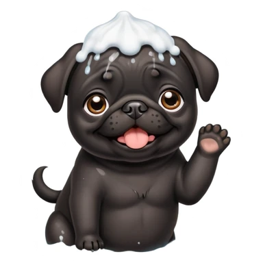 Happy adorable beautiful Black pug puppy with bath foam on top of his head sticker