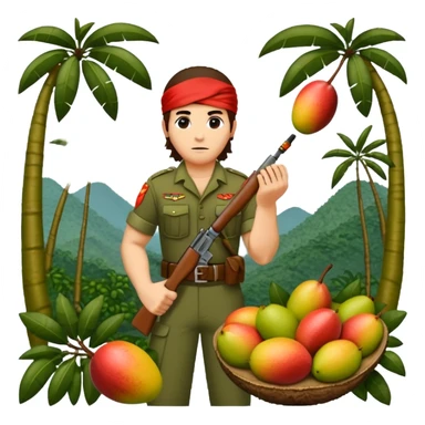 quiero que crees la imange de un Mango con Brazos fuertes y piernas como las de un culturista, que lleve uniforme militar de selva y que tenga pelo largo y una bandana roja en la cabeza como la de rambo y tambien que este en posicion de ataque con una ametralladora pixelart sticker