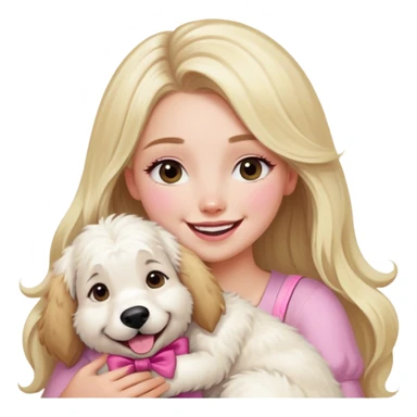 Pretty blonde bombshell girl with long hair and highlights. She has long eyelashes and a pink bow in her hair. She is hugging a very huge press Pyrenees dog and they are both laughing  sticker