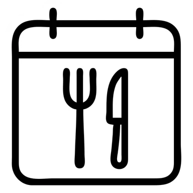 minimalistic bold black-and-white icon, square, clean geometric lines, modern look, flat style, no gradients, calendar symbol with a fork and knife inside it representing a weekly meal plan, inspired by Netflix and Lifesum app design, perfectly readable at small sizes, vector style, no background, suitable for both dark and light mode sticker