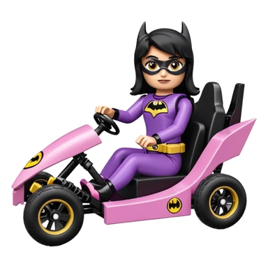 full size real-appearance electric road racing sexy BatGirl’s feminine midnight-colored tight outfit sixty’s tv show Lego dark stealthy accurate sporty safe plush deluxe off-road pursuit cruiser car rose gold accents (black hair,reclined and relaxed torso and shoulders seating position) go kart  sticker