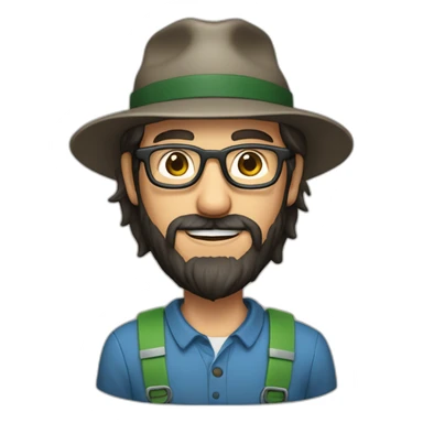happy gardener man short dark hair long beard with steve job glasses with hat sticker