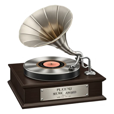 A platinum music award plaque: a square, polished platinum plate with a subtly textured, mirror-like finish, mounted on a simple dark wood base. The center features a relief of a vintage gramophone or stylized vinyl record in a slightly darker metallic tone.  sticker