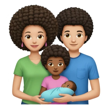 Family with a dark woman only with an afro hairstyle and a green shirt, two children: a boy with straight hair and a blue shirt, and a baby girl in a pink shirt. All are smiling. sticker