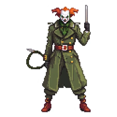 evil clown soldier, bald, small black horns on forehead, fangs, pointed ears, eye patch over one eye, long coat over black and military green clothes with bellbottom pants, tail, holding a whip, no knife, realistically proportioned, less bulky, full body, fighting stance sticker
