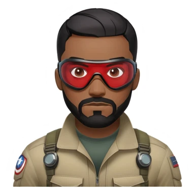 sam wilson have a short, neatly cropped black hair. It is evenly trimmed and close to the scalp, maintaining a clean and military-inspired and  a well-groomed beard that connects to his mustache,  wear sleek, red-tinted tactical goggles fit snugly from captain america: civil war sticker