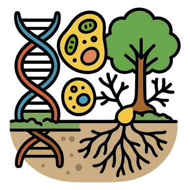 A realistic biological illustration (like in a school book) showing: DNA strands transitioning into a tree, cells with visible organelles, neurons connected to plant roots  and a balanced ecosystem background . Seamless integration, no labels or borders, complete white background (not off white!), detailed but minimalist.  sticker