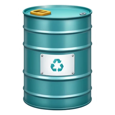 Oil barrel in cool tones with sky blue, teal green, white, and light gray sticker