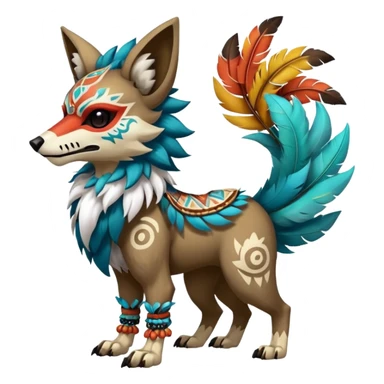Furry cute colorful exotic tribal feral anime-styled Fakémon-Pokémon-animal-creature with a wolf-skull-head-mask-face, and colorful feathers around neck, with long furry ears, long furry tail, 4 legs, (full body), with intricate pattern-markings sticker