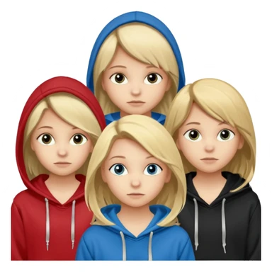 Erstelle eine dreier Gruppe an Mädchen alle ungefähr 14 15 eine Hat blode Haare blaue Augen und trägt einen schwarzen Hoodie die andere hat dunkelblonde Haare und Hazel Augen und trägt ein Rotes Top und die letzte hat braune Haare und rehbraune Augen und trägt ebenfalls einen schwarzen Hoodie sticker