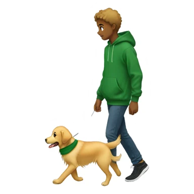Boy in green hoodie walking golden retriever sticker