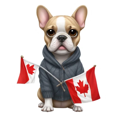 French bulldog in winter clothes holding a Canadian flag sticker