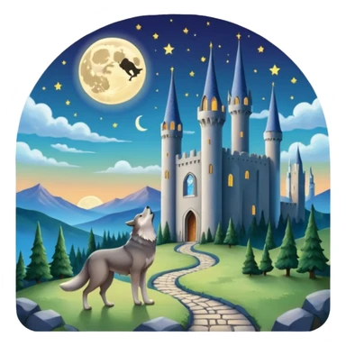 tarot card featuring The Moon, large crescent moon in the sky, two towers, path leading into the distance, dog and wolf howling, mysterious and dreamlike atmosphere sticker