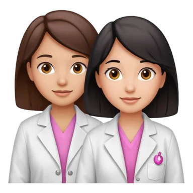 cientificas con blusa rosa y bata blanca felices, una chica con pelo marrón y otra chica un poco mas pequeña con pelo negro, deben tener la piel un poco brinceadas sticker