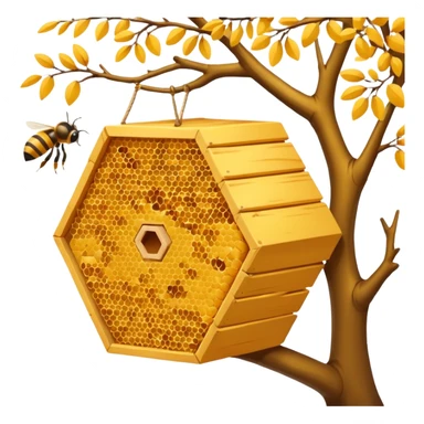 A small hive nestled between tree branches with worker bees. sticker