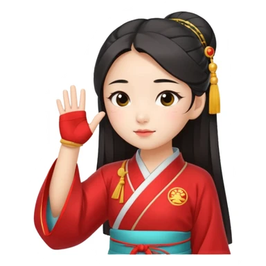 cute and sexy chinese girl in hanfu, paying respect by "salute" gesture, using right hand next to forehead sticker