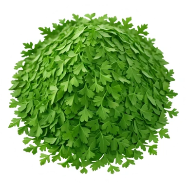 loose scatter of finely chopped dried parsley leaves with flat jagged shapes and soft matte texture, color ranges from bright to muted green, slight curl and crispness suggesting freshness preserved, no jar spoon or extras, just the herb, soft lighting, subtle shadows, emoji scale sticker