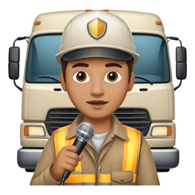 truck driver talking into a microphone with truck backdrop sticker