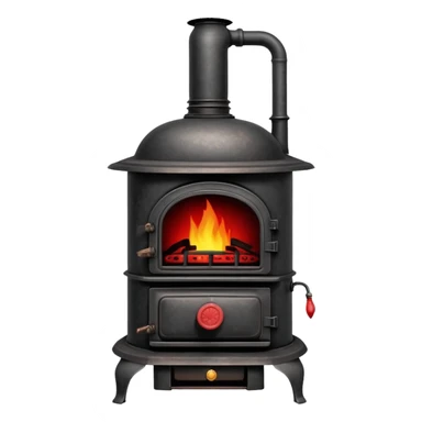 Vintage pot-belly coal stove from early 1900s with chimney pipe, rustic black iron with red glowing coals inside sticker