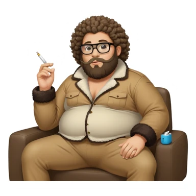 Fat jew curly hair with glasses and Beard seating on a gorilla sofa smoking a iqos sticker