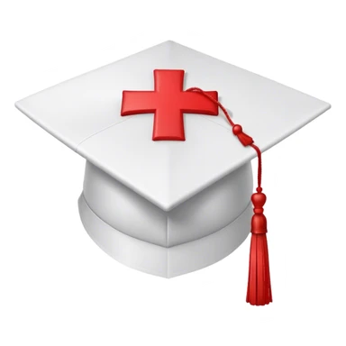  white medical graduation cap (mortarboard) with a red cross symbol in the center. The cap has a flat, square top and a slightly curved brim. A red tassel hangs from one corner, gently swaying. The design is clean and professional, symbolizing a medical graduate. The background is plain white sticker