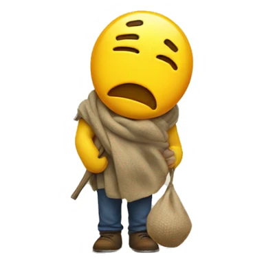 a sad yellow emoji with a frowny face turned around with a bindle on his back sticker