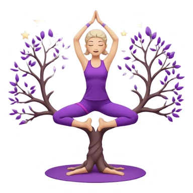 A serene woman wearing purple yoga clothes balancing in tree pose, stars around her, meditative aura. sticker