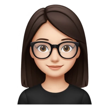 une ado, brune aux cheuveux tres fonces tres longs lisses blanche, ,lunettes carres/ rectanglesnoires, yeux bruns joues rose, haut noir sticker