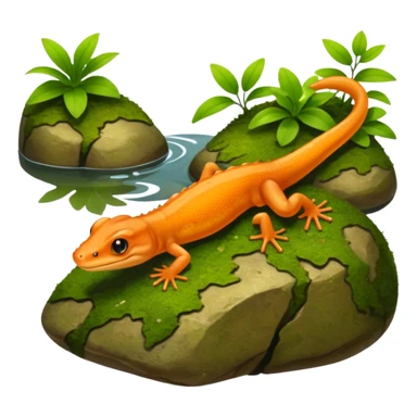 A small orange-brown newt on a mossy rock near a pond. Realistic lighting, visible tail, green plants and soft sunlight, detailed wildlife photo. sticker