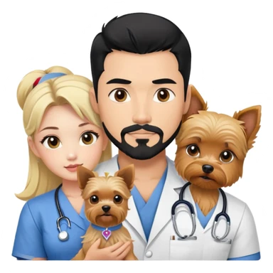 Blonde nurse next to black haired Korean Asian handsome muscular man with black pointy hair full goatee.   Holding one blonde yorkie.  sticker