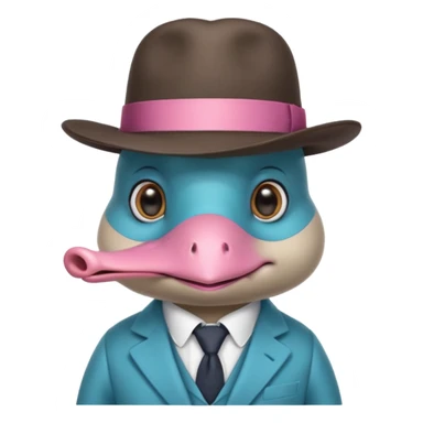 cute light blue turqiouse platypus head, smiling with big eyes with a detective hat and monocle on his eye, no  hands, looks like a platypus but blue, the hat and suit are pink sticker