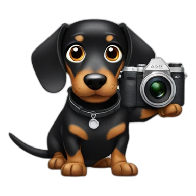 a black dachshund dog holds a SONY camera in its paws sticker