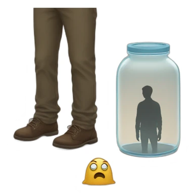 a glass jar standing on the floor between two man's feet sticker