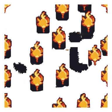 Bomberman left-facing end-cap explosion tile, flames ending and tapering leftward with pronounced flame wisps, orange/yellow with more red at the tips, extending about 70% into left direction sticker