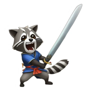 Raccoon fighting a dog with samurai sword sticker