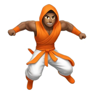 male Ninja Warrior athlete in orange white cloths, captured mid-air sticker