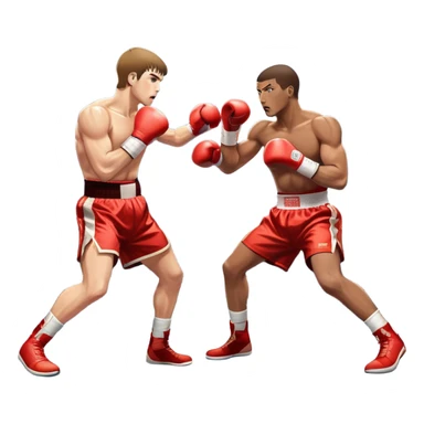 Two professional boxers in the ring, fighting for the world champion title. One delivers a long punch to the head, while the other skillfully dodges. The background features a crowded arena with bright lights and intense action. Transparent background sticker