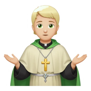 a priest, green eyes, blonde hair, light green chasuble (A wide, flowing, bell-shaped outer robe, without any religious symbols). opening arms, gazing thoughtfully. Soft light, subtle fern. Waist-up, profile. sticker