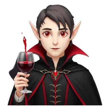 male elf vampire emoji, pale skin, red glowing eyes, long pointed ears, black high-collared cloak with red lining, holding a wine glass filled with red liquid, elegant Halloween fantasy look, smooth Apple emoji style, clean white background, square image sticker