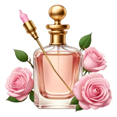 A vintage perfume bottle with a golden atomizer, surrounded by soft pink rose petals. sticker
