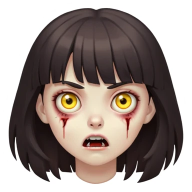 menina zombie de cabelo castanho escuro com franja, com expressão apavorada e com olhos amarelos sticker