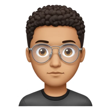 Young brown-skinned Latino man with oval face and large forehead, metal-framed aviator glasses with clear lenses, high skin fade haircut with very short dark curls only on top, calm friendly expression, black t-shirt sticker